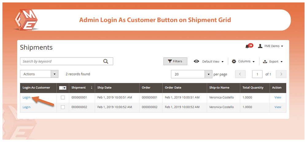 Login As Customer from Shipment Grid