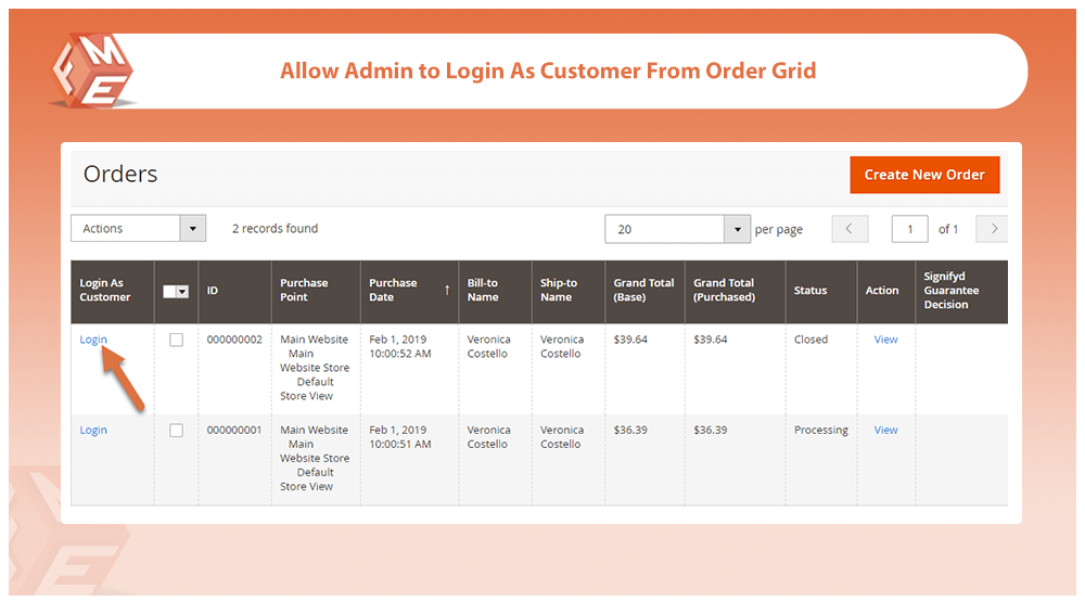 Login As Customer from Order Grid