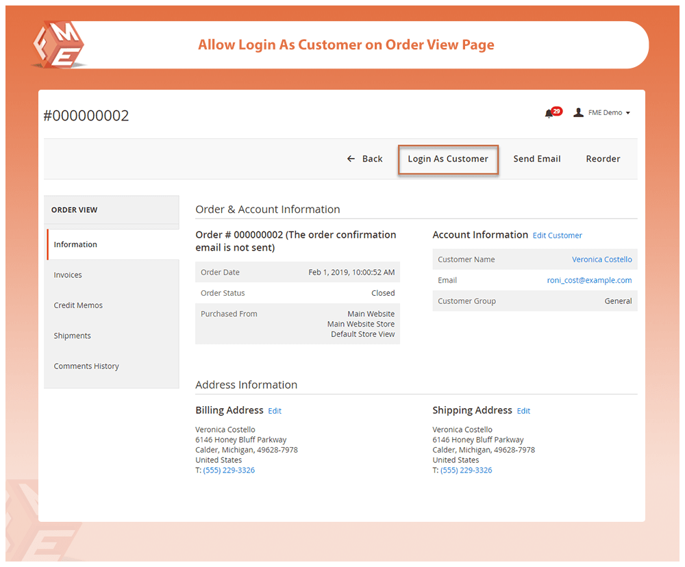 Login As Customer from Order View Page