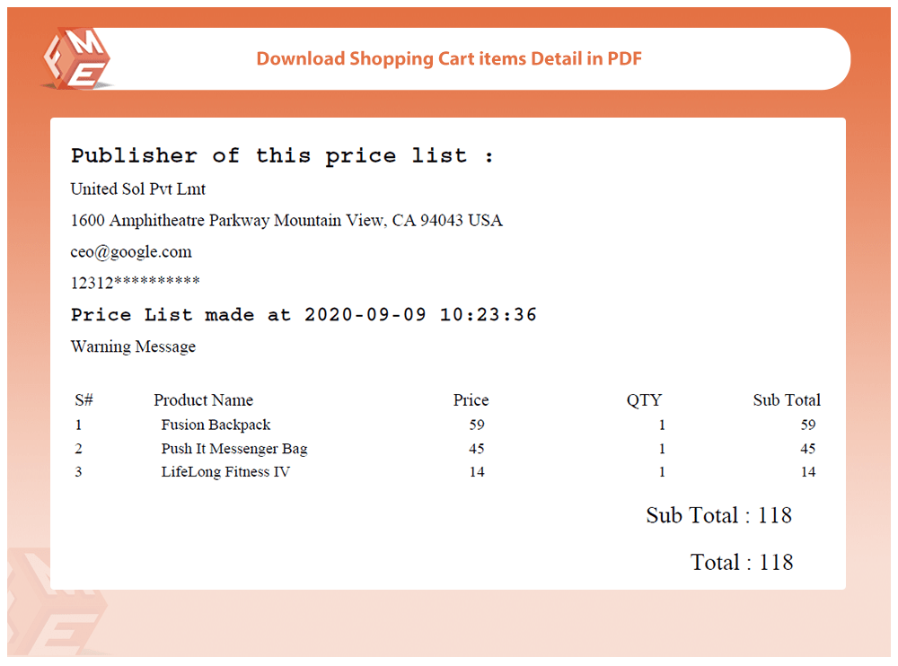 Download Shopping Cart Items Detail in PDF