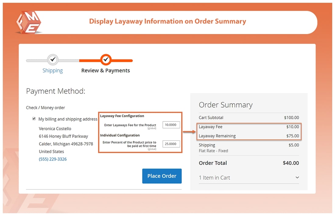 Layaway Details in Order Summary Page