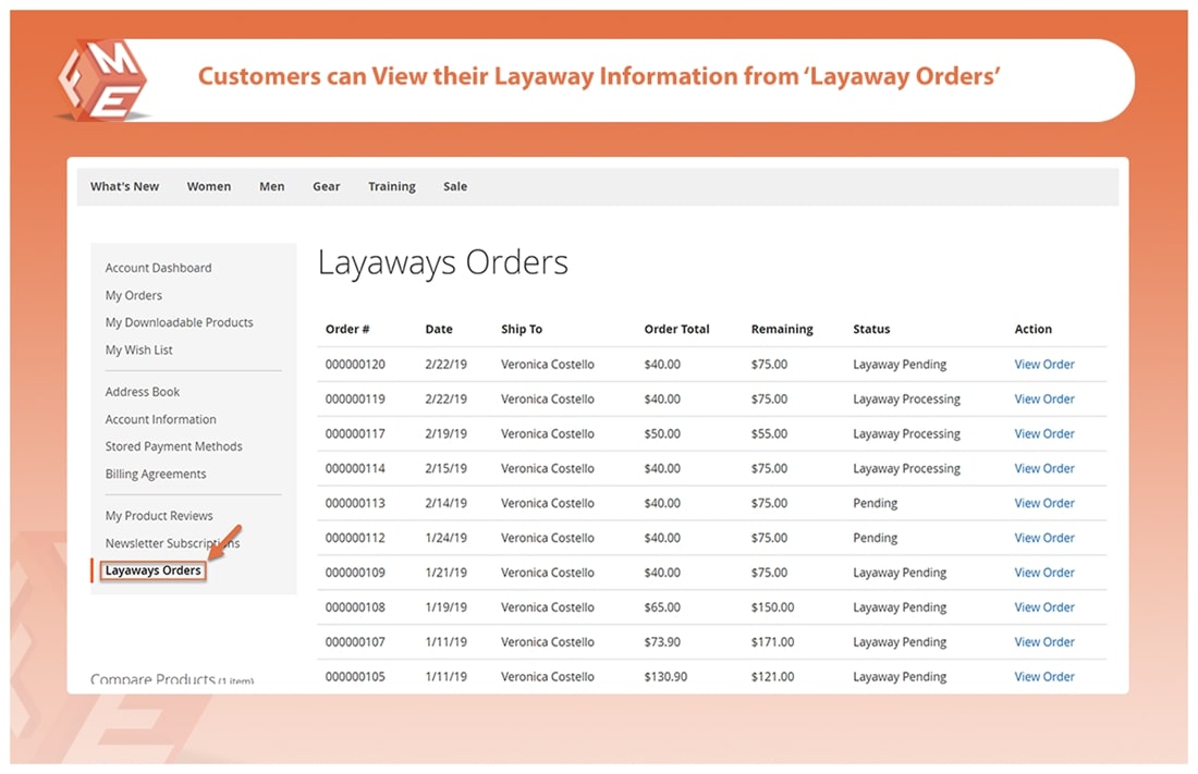 Layaway Orders in "My Account"