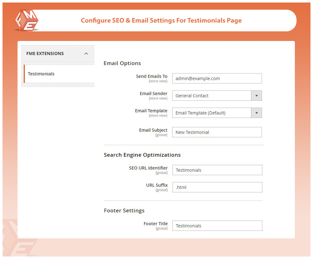 SEO & Email Settings For Testimonials Page