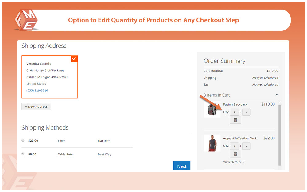 Edit product Quantity on any Checkout Step