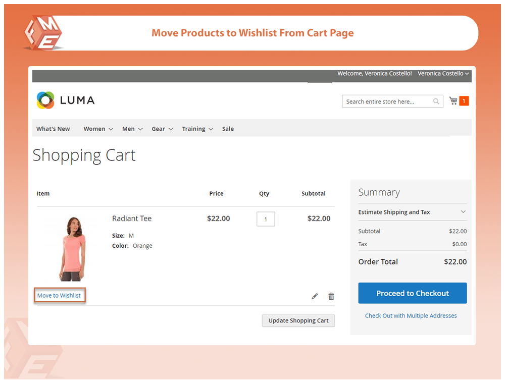 Move Products to Wishlist from Cart Page
