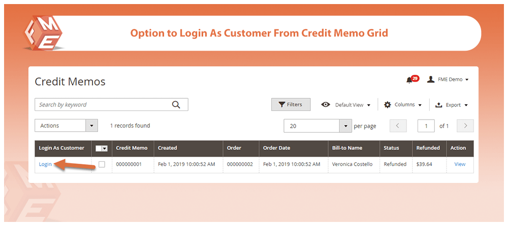 Login As Customer from Credit Memo Grid