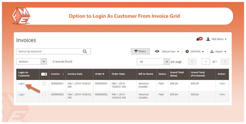 Login As Customer from Invoice Grid