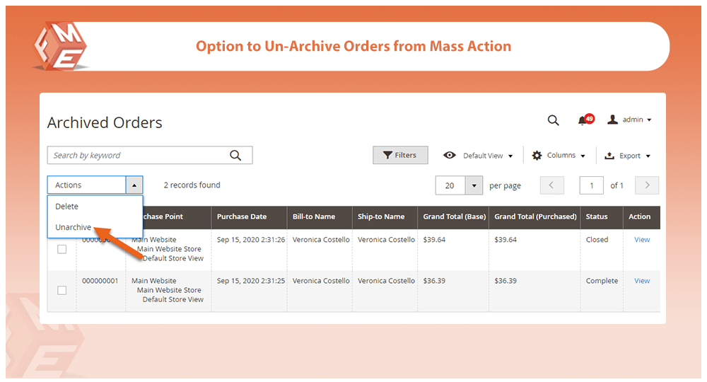 Option to Un-Archive Orders From Mass Action