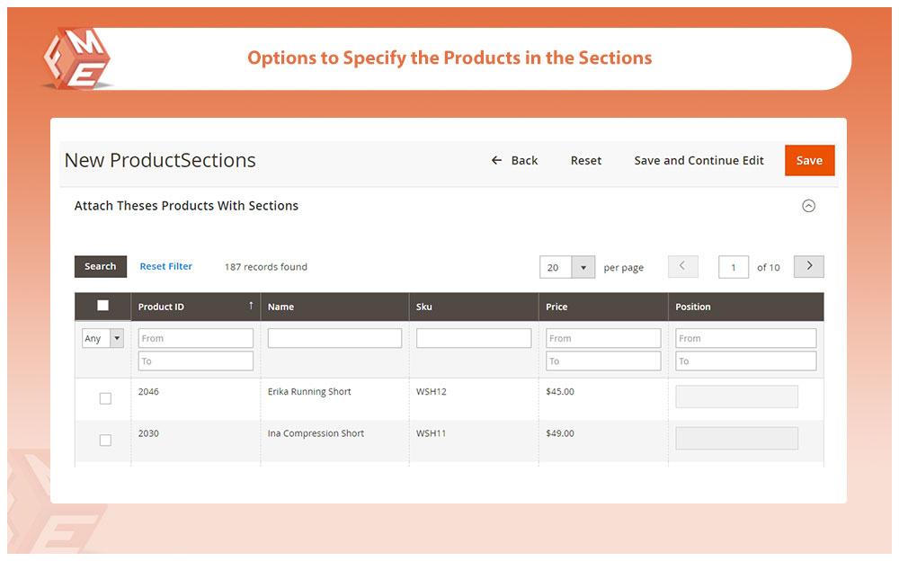 Specify Products in Each Section