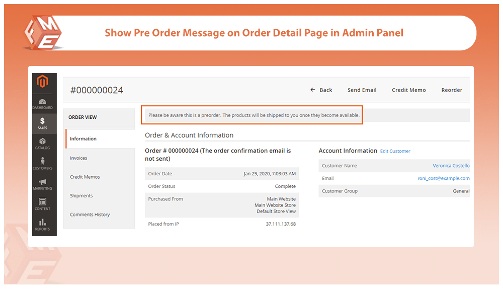 PreOrder Message in Admin Panel