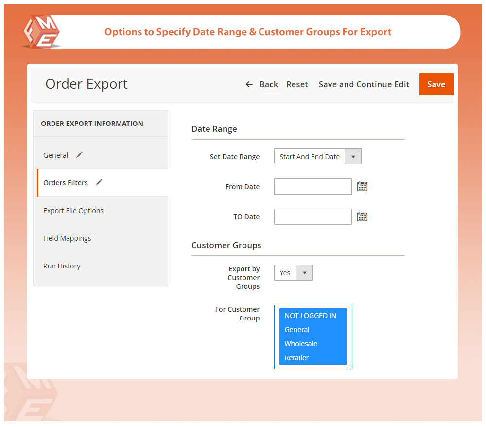Customer Groups & Date Range For Export