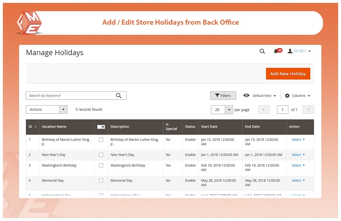 Add Holidays from Backoffice